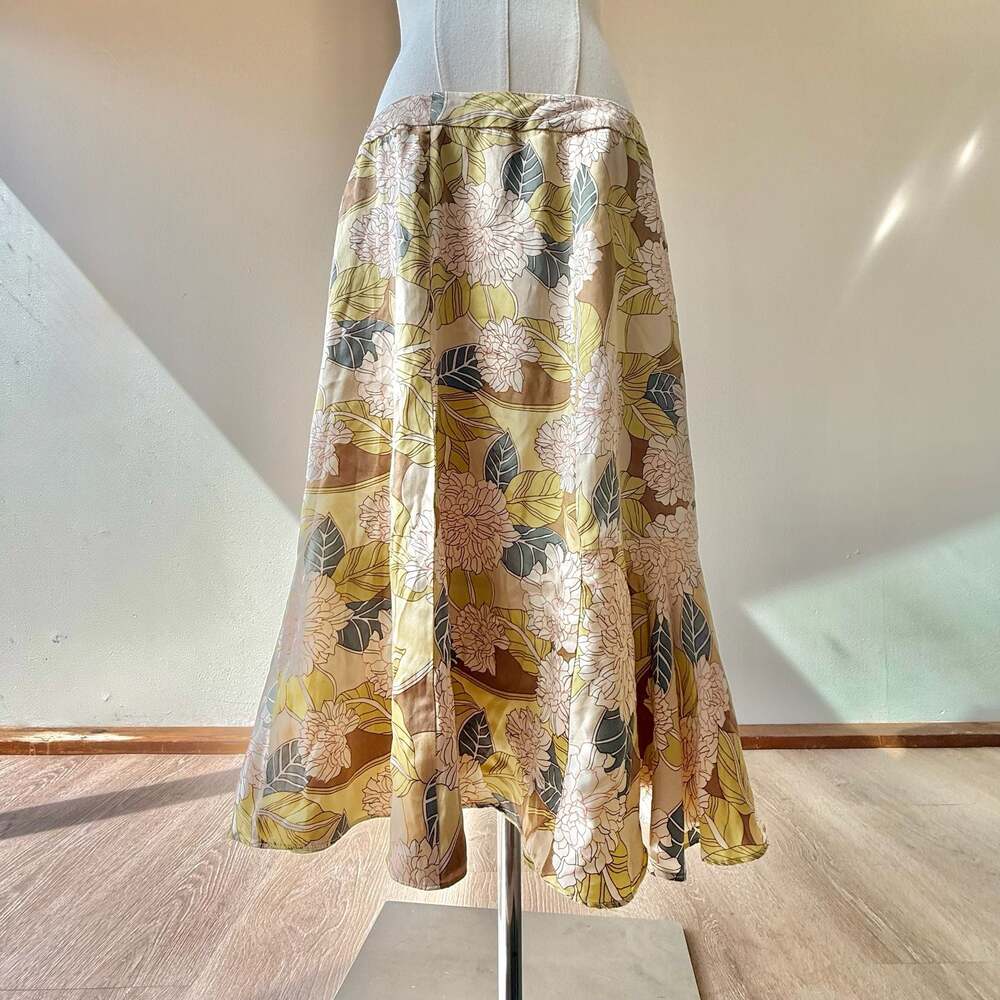 100% Silk Floral Yellow Green Midi Skirt - Picture 3 of 8